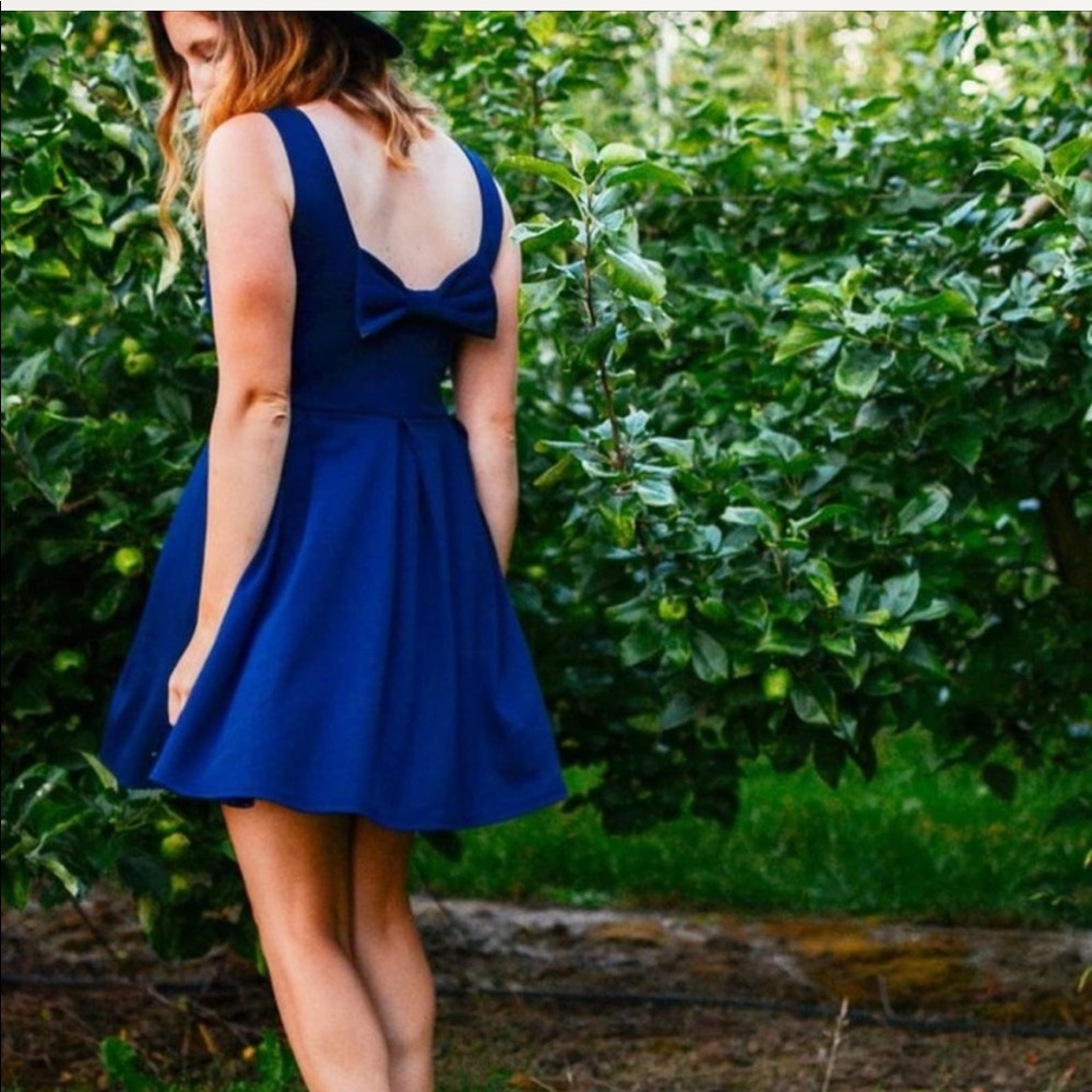 January Navy Ponte Fit & Flare Dress Back Bow